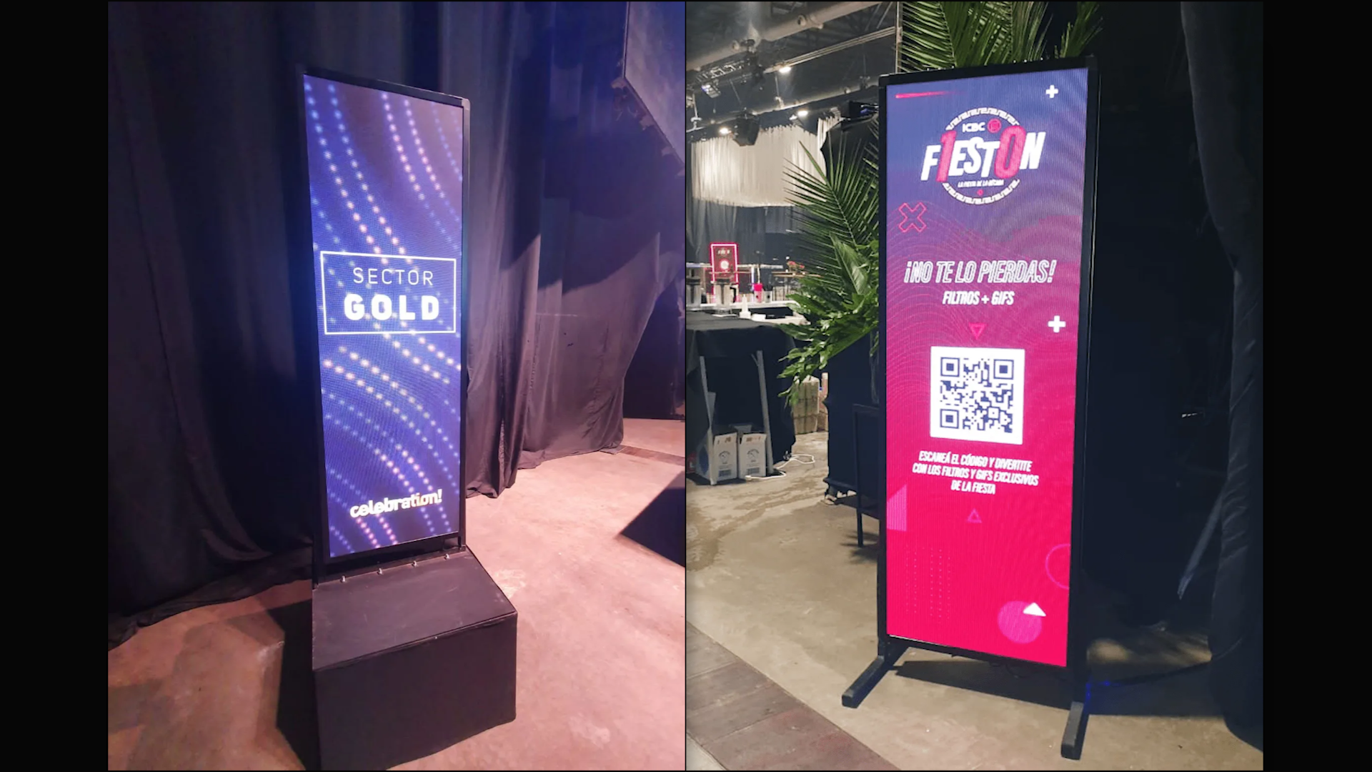 Tótem LED Pitch 2.5 mostrando un código QR interactivo en una recepción